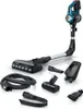 A cordless vacuum cleaner and its accessories are displayed on a white background. Produktbild-Vorschau