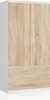 A white and wood grain wardrobe with two doors and two drawers, shown from the front. Produktbild-Vorschau