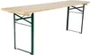 A long, narrow wooden table with green metal legs, shown from a side angle against a white background. Produktbild-Vorschau