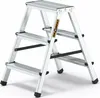 A silver, three-step folding ladder with black anti-slip feet and black support bars. Produktbild-Vorschau
