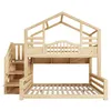 A wooden bunk bed with stairs and a house-like frame on top. Náhled obrázku produktu