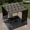A modern outdoor pavilion with a table and chairs set up on a wooden deck, with a lounge chair in the background on the grass. Produktbild-Vorschau