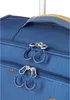 A close-up view of the zippers and handle of a blue child's trolley. Produktbild-Vorschau