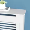 A close-up view of a white radiator cover with blue horizontal slats, against a blue wall. Anteprima dell’immagine prodotto