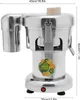 A stainless steel juicer with fruit graphics and dimensions shown. Náhled obrázku produktu