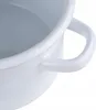 A close-up view of the handle and rim of a white enamel pot. Podgląd zdjęcia produktu