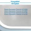 A light wood-grain background with blue text at the top and a list of compatible Epson printer models. Produktbild-Vorschau