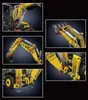 Collage of close-up images showing the features and articulation of a yellow and black construction vehicle toy. Voir les images du produit