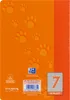 The back cover of an orange notebook with paw print graphics. Produktbild-Vorschau