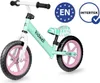 A mint green balance bike for children, shown against a white background with certification logos. Produktbild-Vorschau
