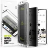 A product shot of a Ringke Easy Slide Privacy Tempered Glass screen protector for a Samsung Galaxy S25 Ultra, shown in its packaging and with a phone displaying a social media interface. Produktbild-Vorschau