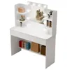 A white vanity table with LED lights and shelves, displaying makeup and decorative items. Náhled obrázku produktu