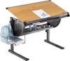 A child's adjustable desk with a wooden top, a metal frame, and various school supplies on a shelf. A light blue backpack is hanging on the side. Produktbild-Vorschau