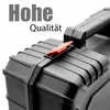 A close-up of a black plastic toolbox with a red latch, featuring German text overlays. Produktbild-Vorschau