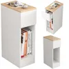 A narrow white nightstand with a wooden top, featuring an open shelf for books and a drawer. Náhled obrázku produktu