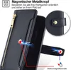 Close-up of a black leather wallet case for a phone, showing magnetic closure and zipper detail. Produktbild-Vorschau