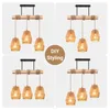 A collage of four images showing a pendant light fixture with a wooden beam and rattan shades. Produktbild-Vorschau