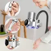 A collage demonstrating a smart faucet filter, showing its installation and use. Produktbild-Vorschau