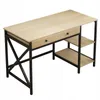 A product shot of a desk with a light oak finish and black metal frame. Produktbild-Vorschau