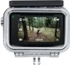 A waterproof case for an action camera, showing a video of a person mountain biking. Produktbild-Vorschau
