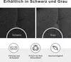 Close-up shots of fabric textures in black and gray, with icons and text describing product features. Produktbild-Vorschau