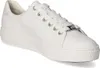 A white leather sneaker with white laces and a silver buckle on the laces. Produktbild-Vorschau