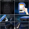 Collage of images showing features of a blue armband phone case. Produktbild-Vorschau