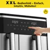 Close-up of the control panel of a double-chamber air fryer, with a hand touching the screen. Produktbild-Vorschau