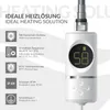A white heating element with a digital display and various feature icons and text descriptions. Produktbild-Vorschau