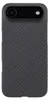 A close-up view of the back of a black iPhone case with a carbon fiber texture. Produktbild-Vorschau