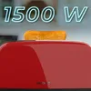 A red toaster with a piece of toast in it, with text overlay indicating 1500W. Voir les images du produit