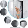 A collage of images showcasing a black shower panel system with various water functions, including a woman using the shower. Náhľad obrázku produktu