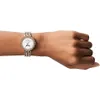 A woman's wrist wearing a rose gold watch with a white face and a moon phase complication. Voir les images du produit