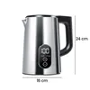 A silver electric kettle with a digital display and black handle, shown on a white background with dimensions indicated. Produktbild-Vorschau