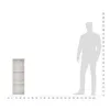 A white three-shelf bookcase is shown next to a silhouette of a person, with a ruler indicating measurements. Produktbild-Vorschau