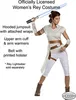 A woman dressed as Rey from Star Wars holding a lightsaber, with a list of costume components. Podgląd zdjęcia produktu