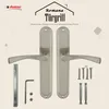 A product image showcasing a pair of door handles and their accompanying hardware, set against a light beige background with subtle graphic elements. Produktbild-Vorschau