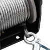 A close-up view of a steel cable wound around a winch drum, with a metal hook attached to the end of the cable. Produktbild-Vorschau