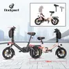 Two foldable electric bikes are displayed side-by-side with dimensions indicated by red lines and text. Produktbild-Vorschau