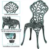 A detailed product image of a green metal chair with floral patterns, accompanied by close-up insets highlighting design features and text descriptions. Produktbild-Vorschau