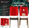 A marketing image showcasing Christmas-themed chair covers with text highlighting product features. Produktbild-Vorschau