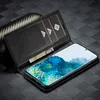 A black leather wallet case for a smartphone, with cards and a banknote inserted, is shown on a textured dark background. Produktbild-Vorschau