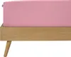 A close-up view of a pink fitted sheet on a wooden bed frame. Produktbild-Vorschau