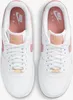 A top-down view of a pair of white Nike Air Force 1 shoes with pink accents. Produktbild-Vorschau