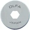 A close-up, front-facing view of a circular metal rotary blade with a hexagonal cutout in the center. The brand name 'OLFA' is visible above the cutout, and 'JAPAN' is visible below it. Náhled obrázku produktu