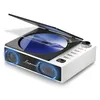 A white and black portable CD player with a screen displaying a landscape image and blue illuminated speakers. Produktbild-Vorschau
