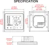 Technical drawings and specifications for a smart thermostat. Produktbild-Vorschau