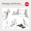 Diagrams and illustrations showing the mounting and use of a Hailo Kick and Go door opener system. Produktbild-Vorschau