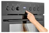 A hand is shown pressing a button on the control panel of a black oven. Produktbild-Vorschau
