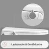 A side view of a white bidet toilet seat with a magnified inset showing the control dial and icons. A separate bar at the bottom displays icons and text related to the product's features. Produktbild-Vorschau